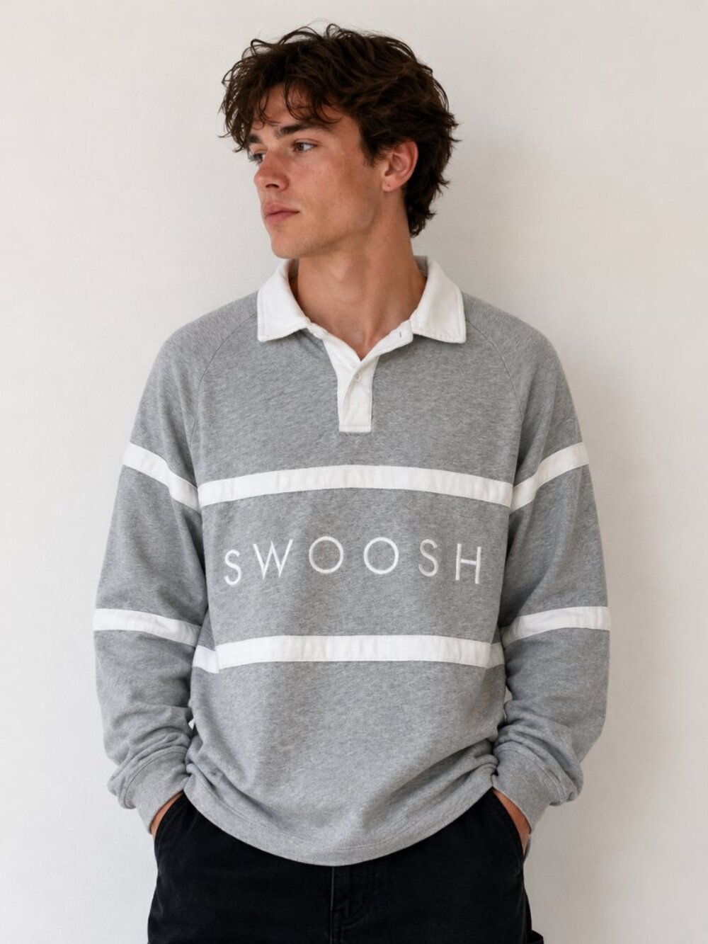 Nike Swoosh Rugby Polo Shirt Mens Large Long Sleeve Logo Stripes Gray White